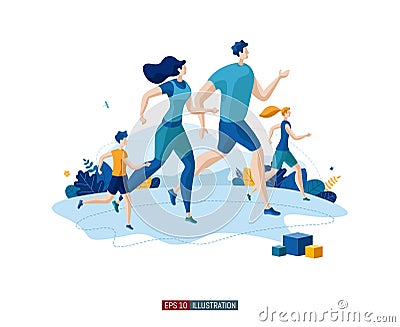 Sport Time concept. Running man, woman and children. Happy Family. Vector Illustration